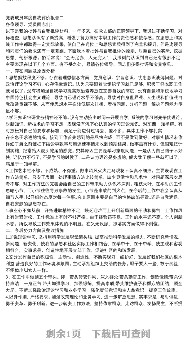 党委成员年度自我评价报告