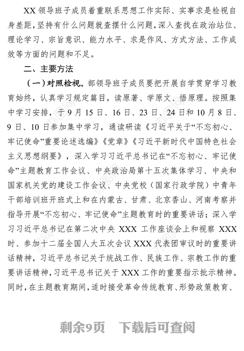领导班子和成员开展不忘初心牢记使命主题教育检视问题工作方案