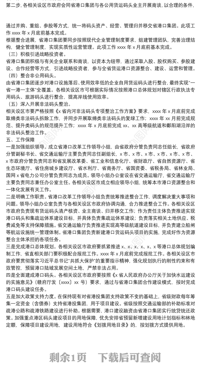 港口资源整合工作方案范文