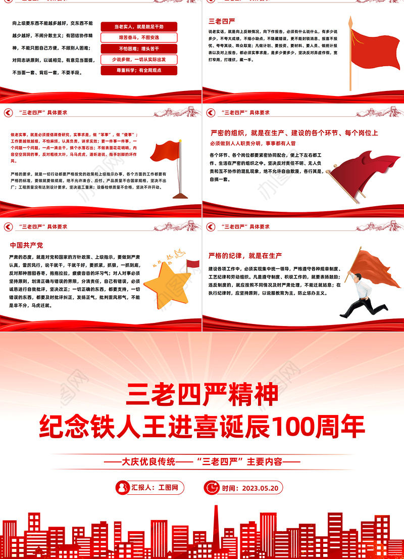 2023纪念铁人王进喜诞辰100周年PPT党政风大庆优良传统三老四严主题内容党课课件模板