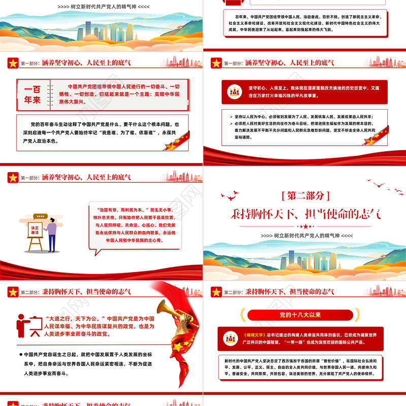 2022树立新时代共产党人的精气神PPT简洁党建风党员干部学习教育专题党课党建课件模板