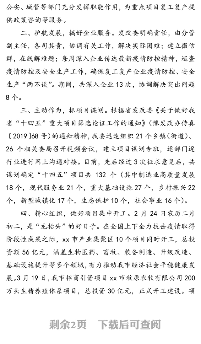 2020年第一季度市项目建设工作汇报