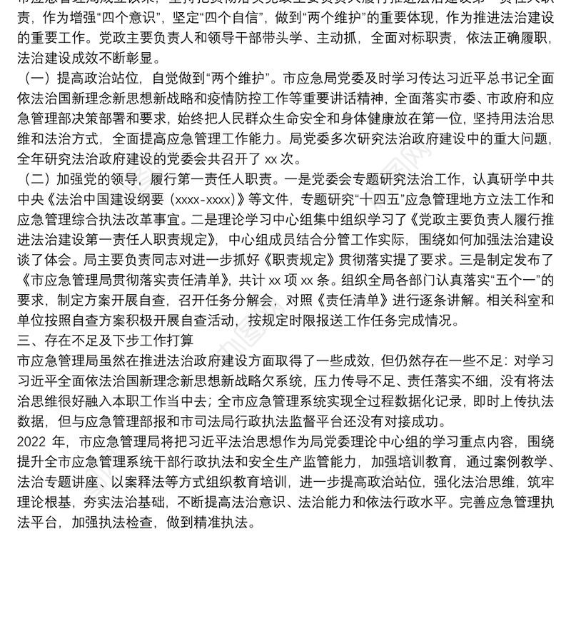 市应急局依法治市工作总结