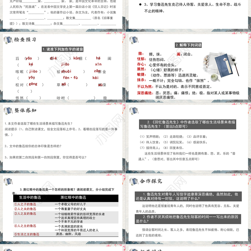 2021回忆鲁迅先生（节选）PPT简约清新部编版小学七年级语文课件模板小学一年级语文下册第21课课件（含配套教案）