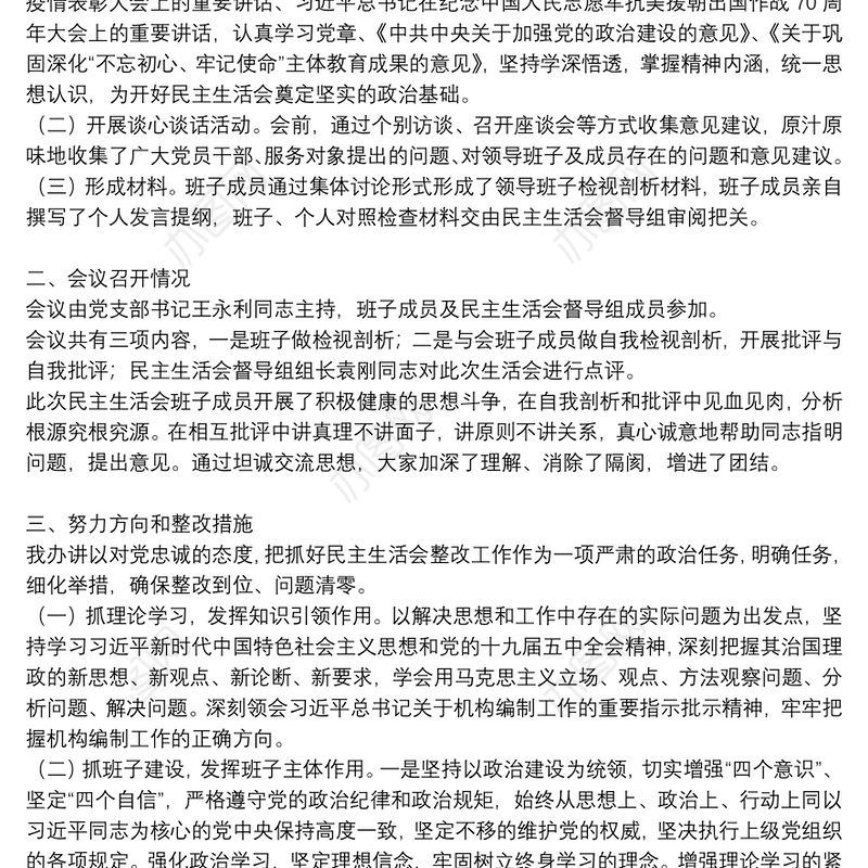 关于年度民主生活会召开情况的报告