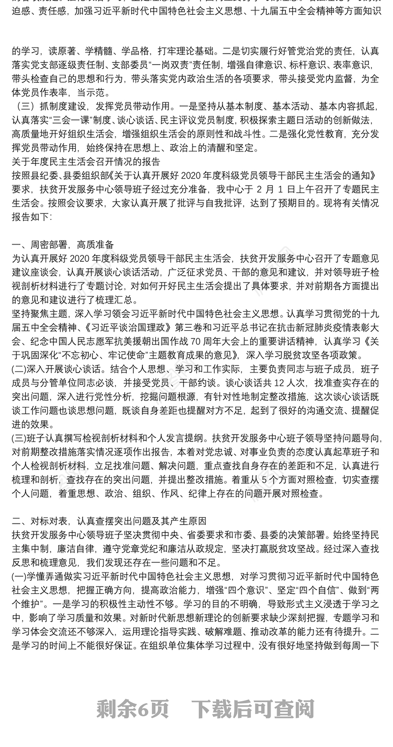 关于年度民主生活会召开情况的报告