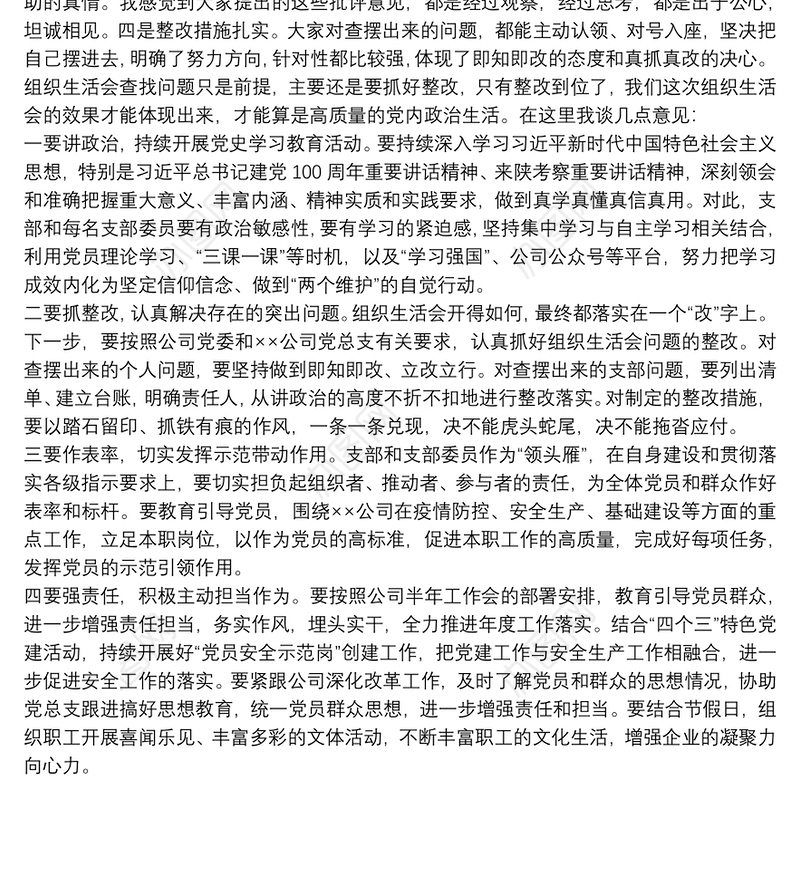 国企干部参加2021下属公司支部专题组织生活会点评材料范文