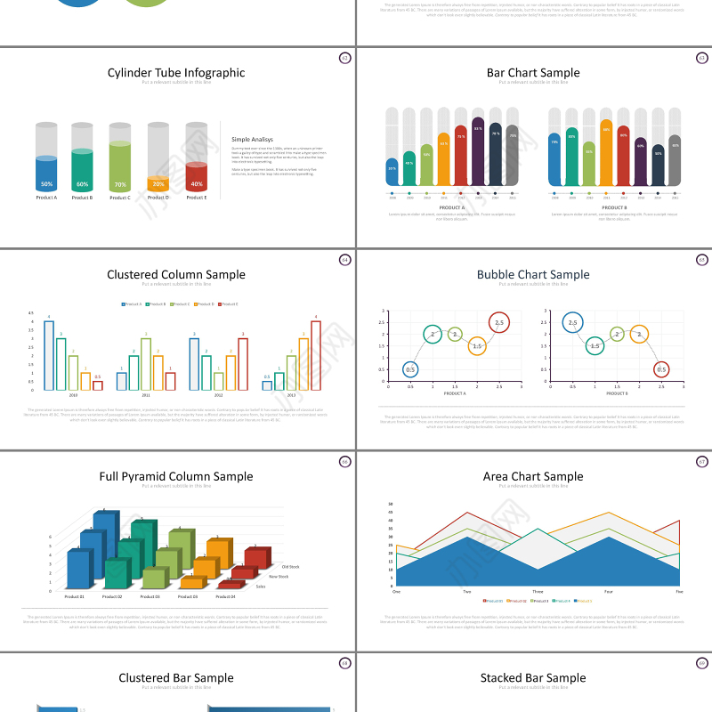 简约扁平化5色淡彩商务PPT模板