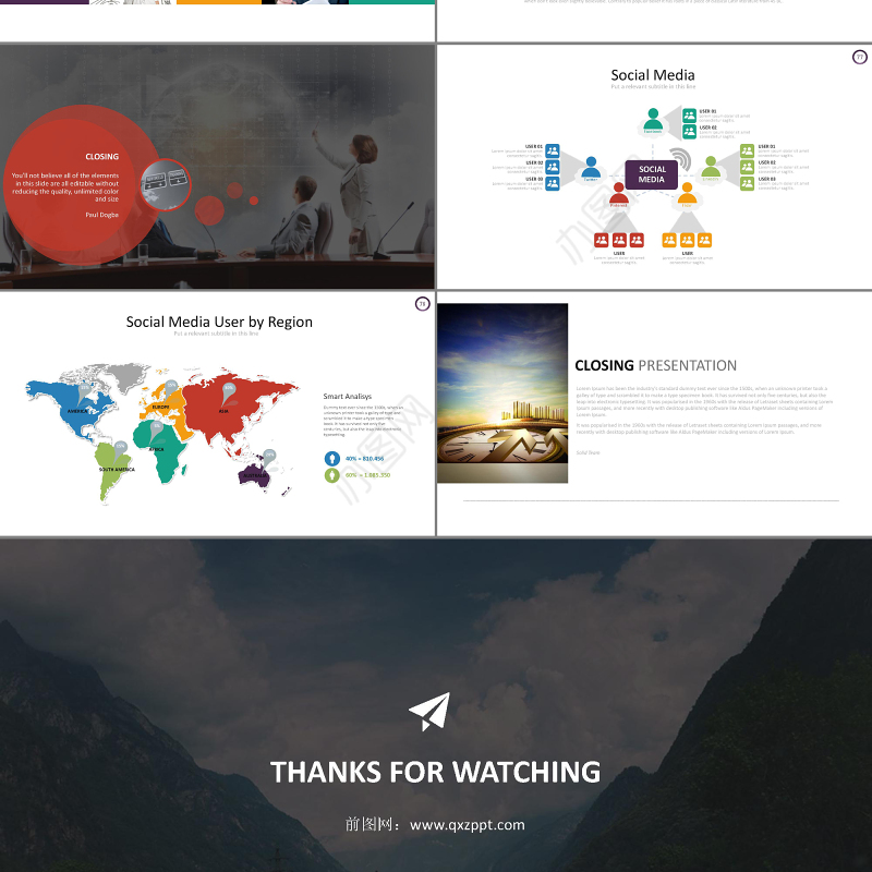 简约扁平化5色淡彩商务PPT模板