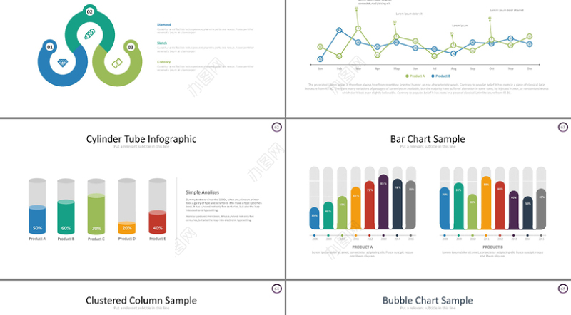 简约扁平化5色淡彩商务PPT模板