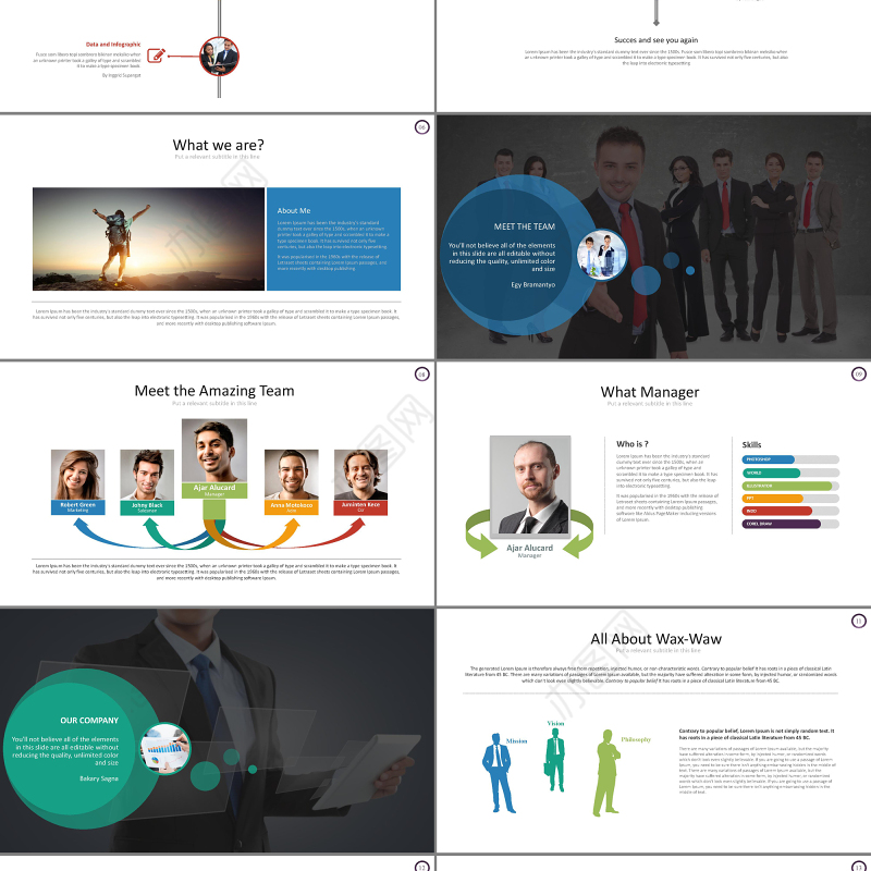 简约扁平化5色淡彩商务PPT模板