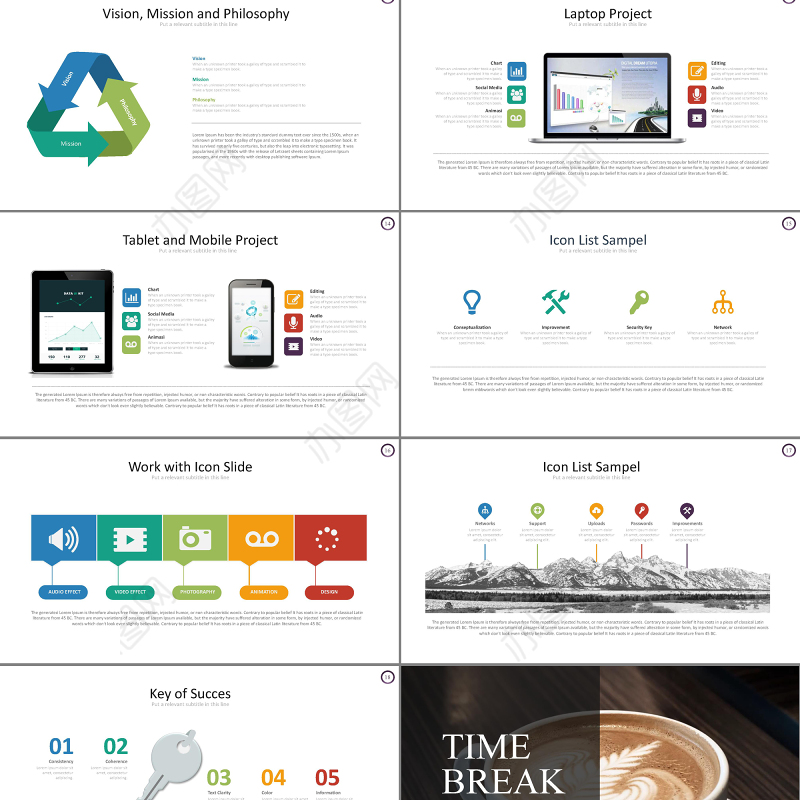 简约扁平化5色淡彩商务PPT模板