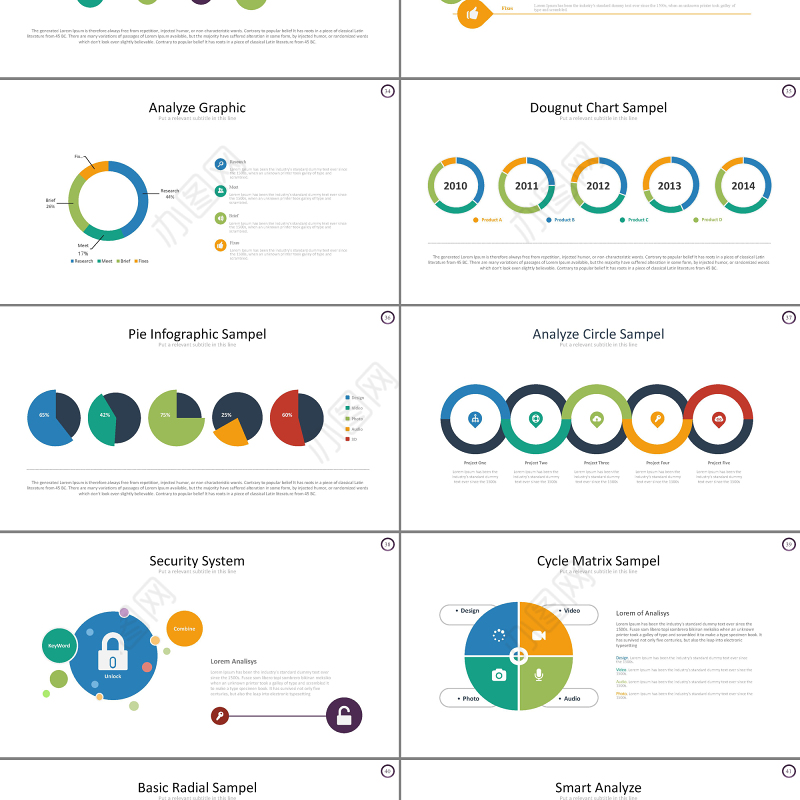 简约扁平化5色淡彩商务PPT模板