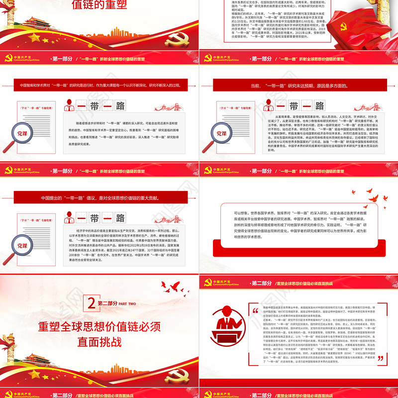 重塑中国全球思想价值链的着力点PPT红色党政风党员干部学习教育专题党课课件模板下载