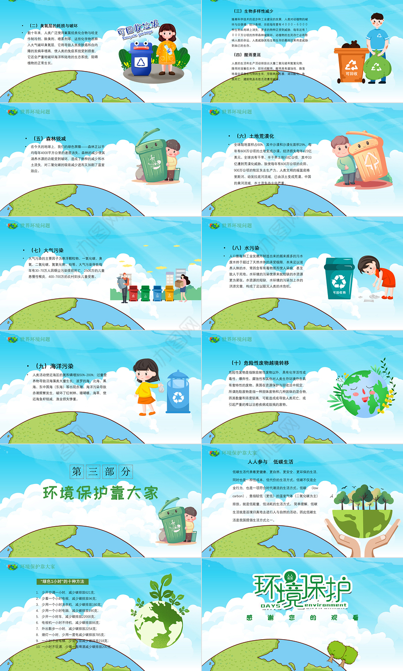 2021世界环境日保护环境热爱地球蓝色卡通插画环保PPT模板