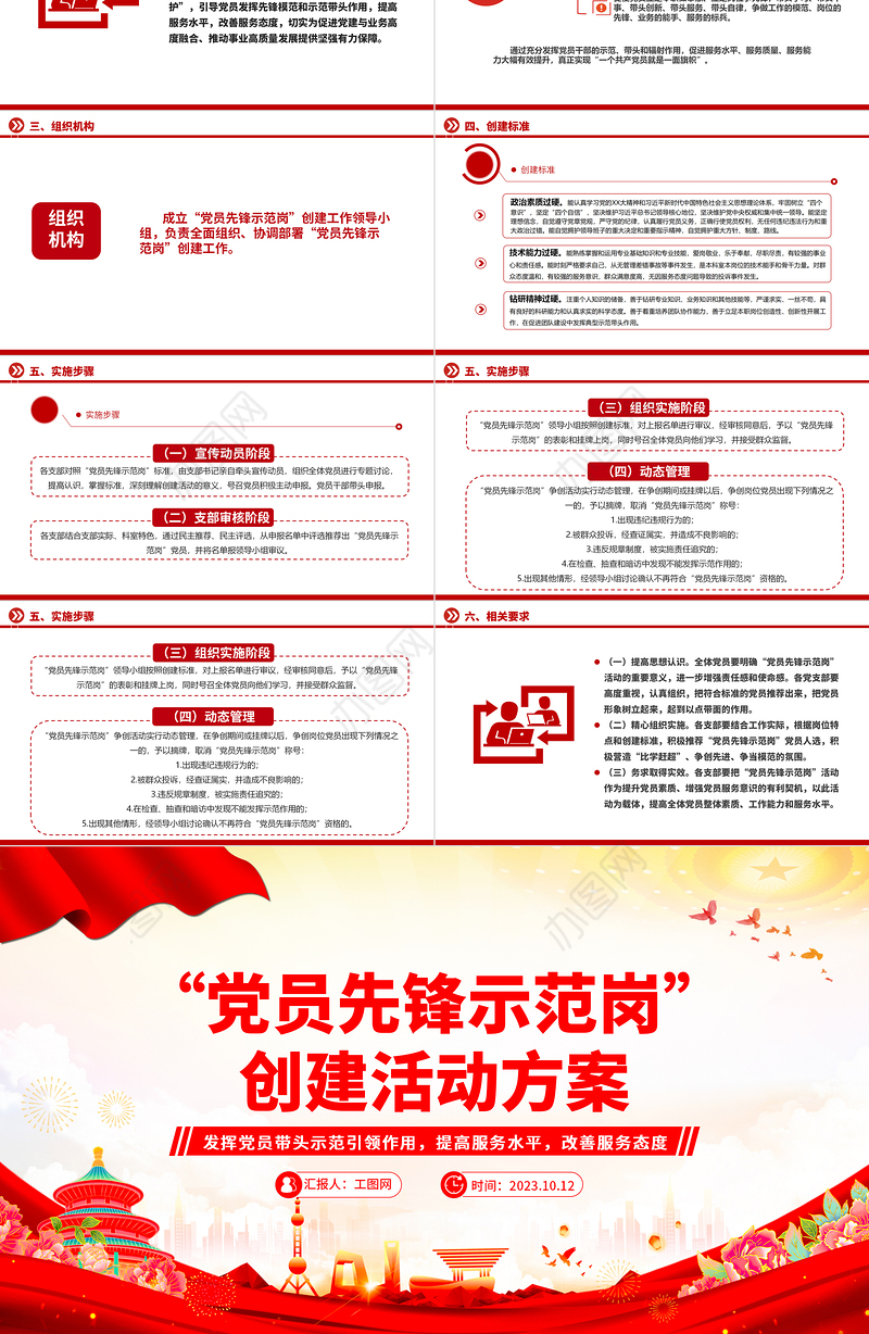 党员先锋示范岗创建活动方案PPT红色大气党员先锋岗工作目标及创建标准课件