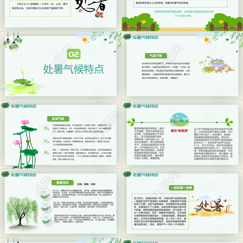原创小清新校园文化教育传统中国二十四节气之处暑节气相关知识介绍主题班会PPT-版权可商用