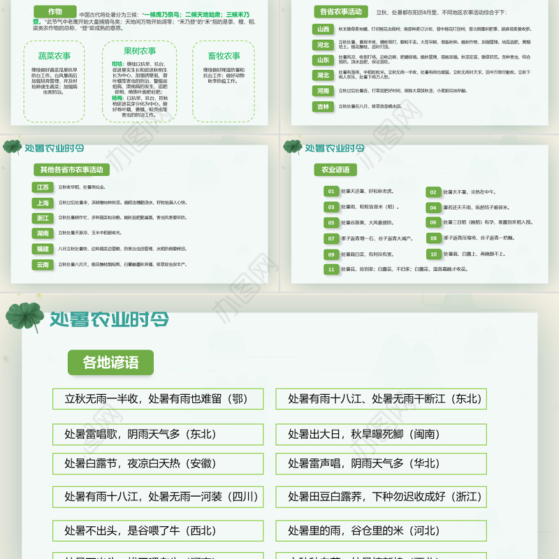 原创小清新校园文化教育传统中国二十四节气之处暑节气相关知识介绍主题班会PPT-版权可商用