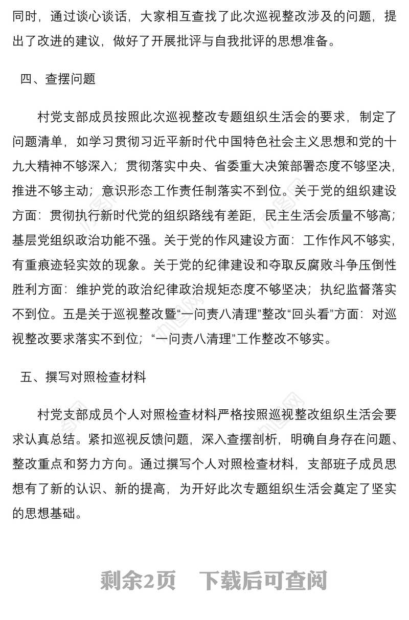 2021村党支部召开巡视巡察整改专题组织生活会情况报告