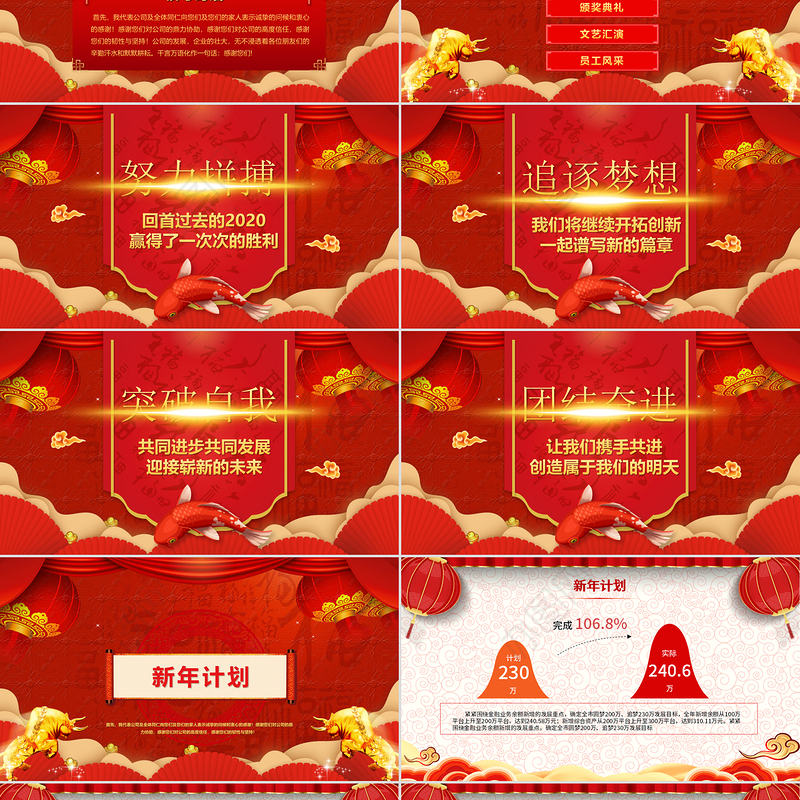 中国风牛年喜庆灯笼2021企业迎新晚会员工颁奖典礼PPT模板