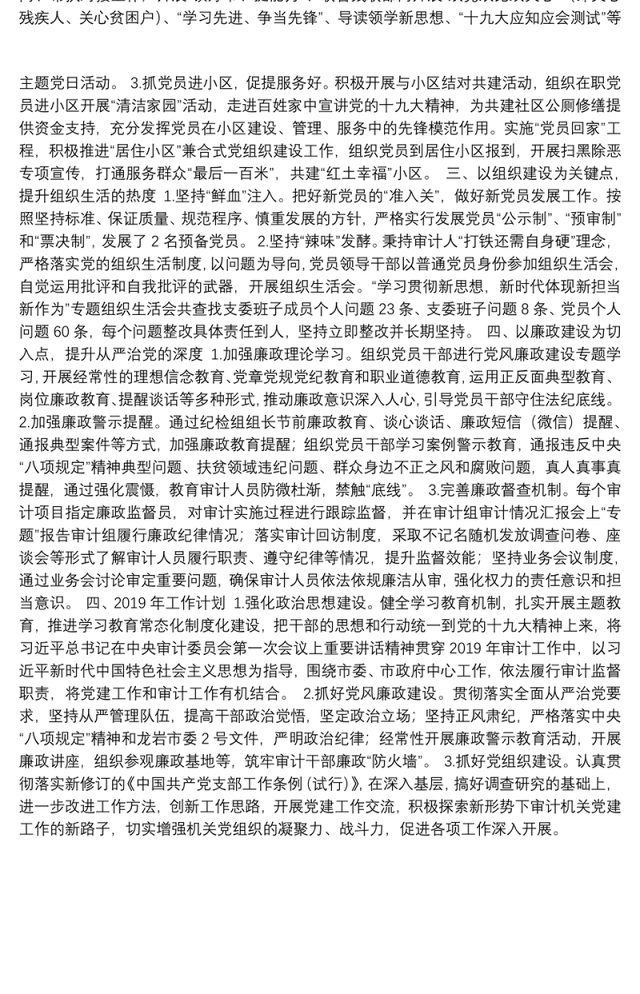 漳平市审计局2018年度党建工作总结及2019年工作计划