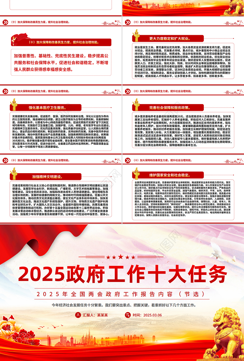 2025政府工作十大任务PPT红色党政风两会精神学习课件