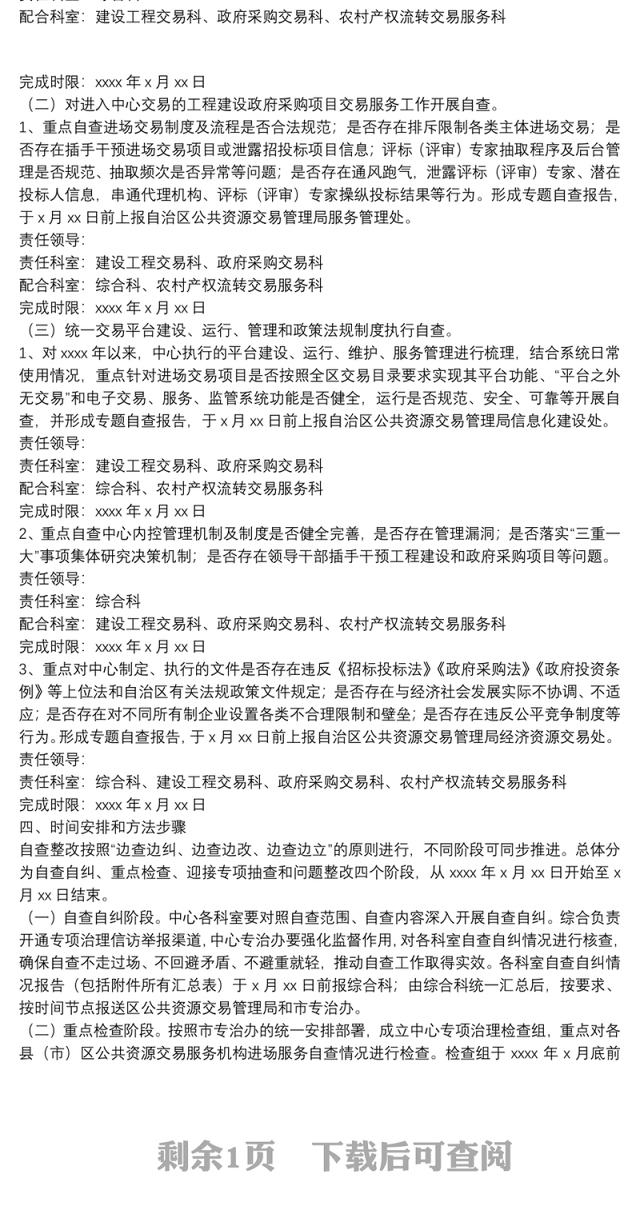 关于开展工程建设政府采购领域突出问题自查整改工作实施方案