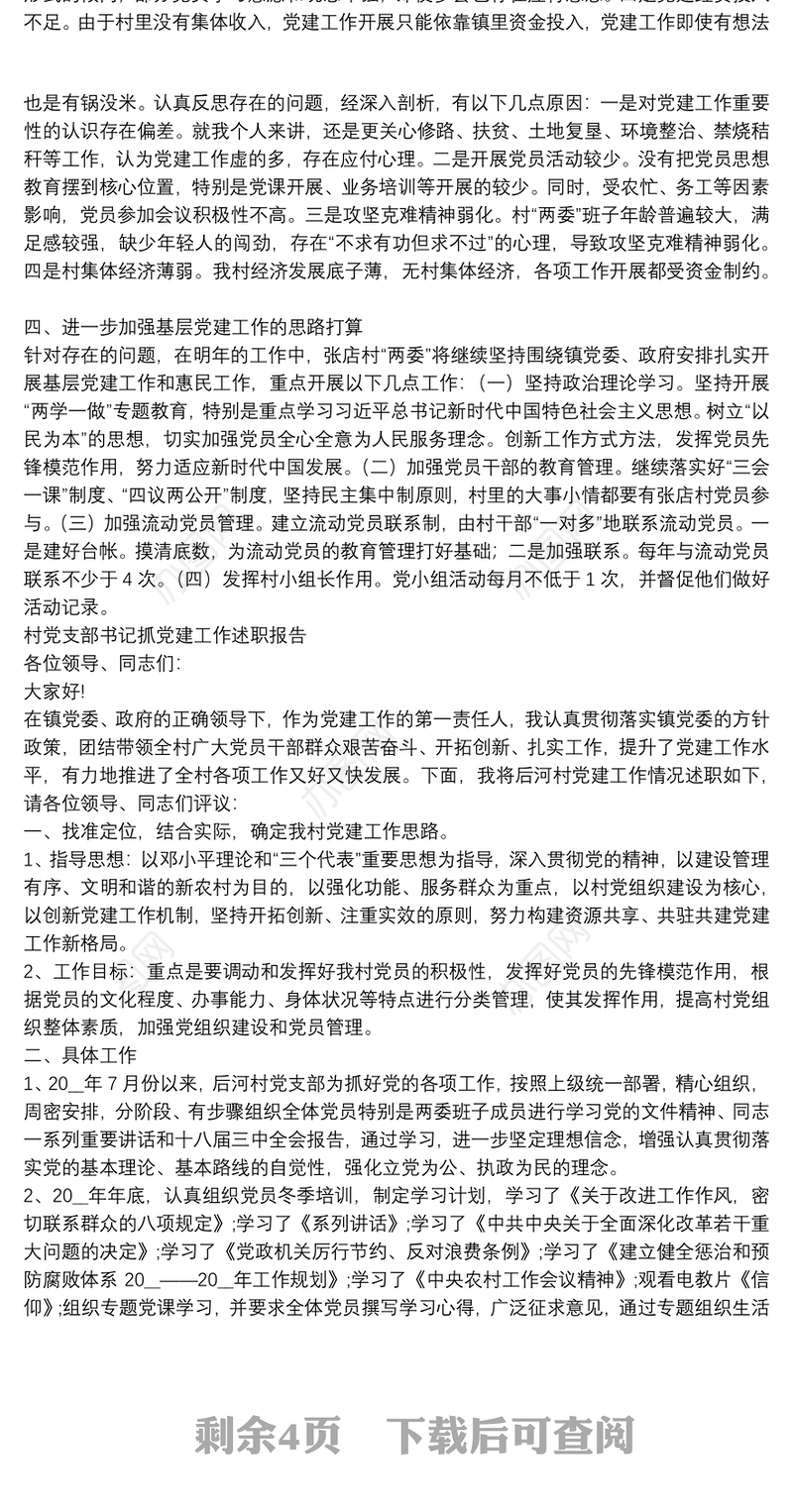 村党支部书记抓党建工作述职报告