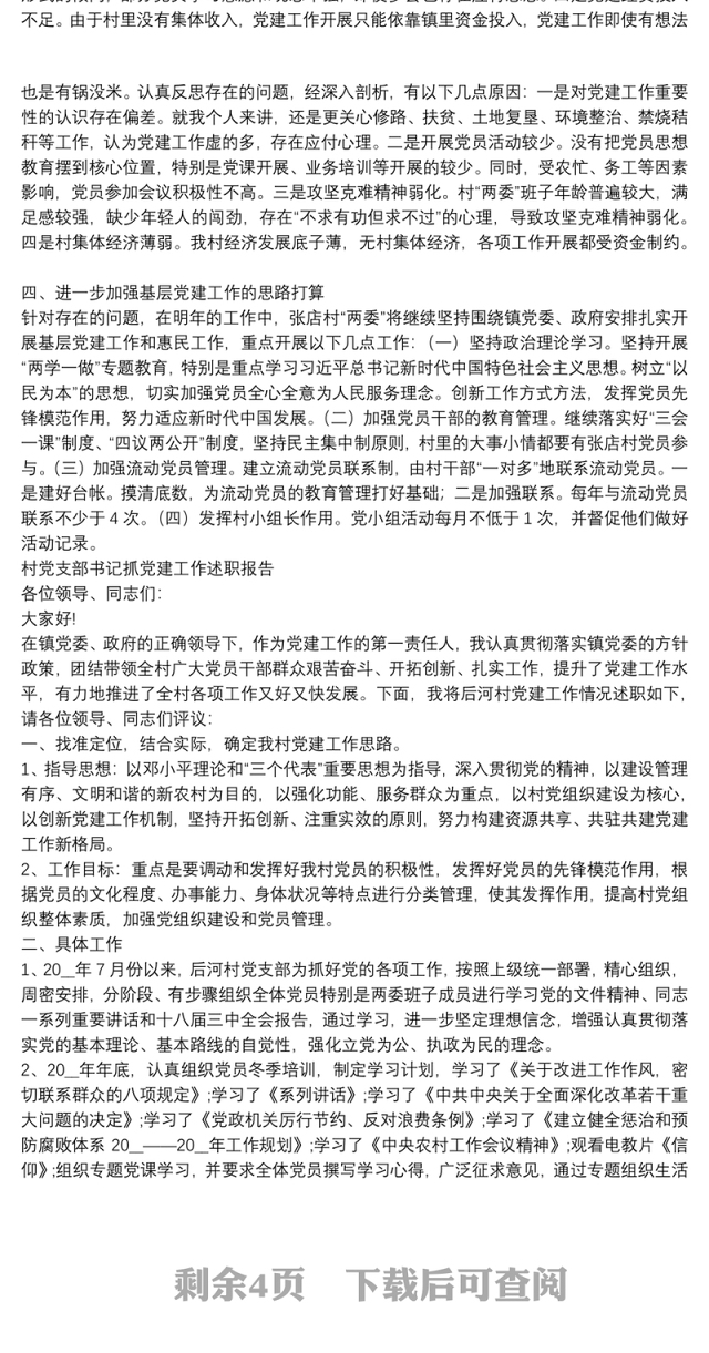 村党支部书记抓党建工作述职报告