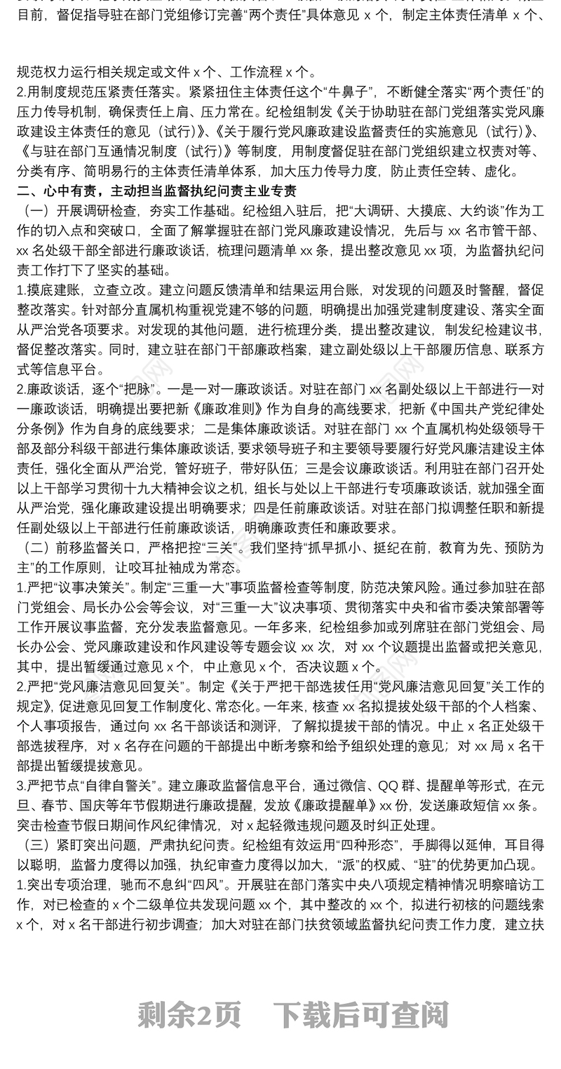 20xx年关于派驻纪检组监督执纪问责工作总结材料范文