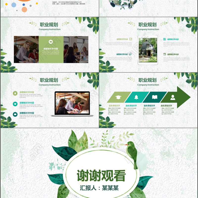 水彩小清新绿叶个人简历述职报告