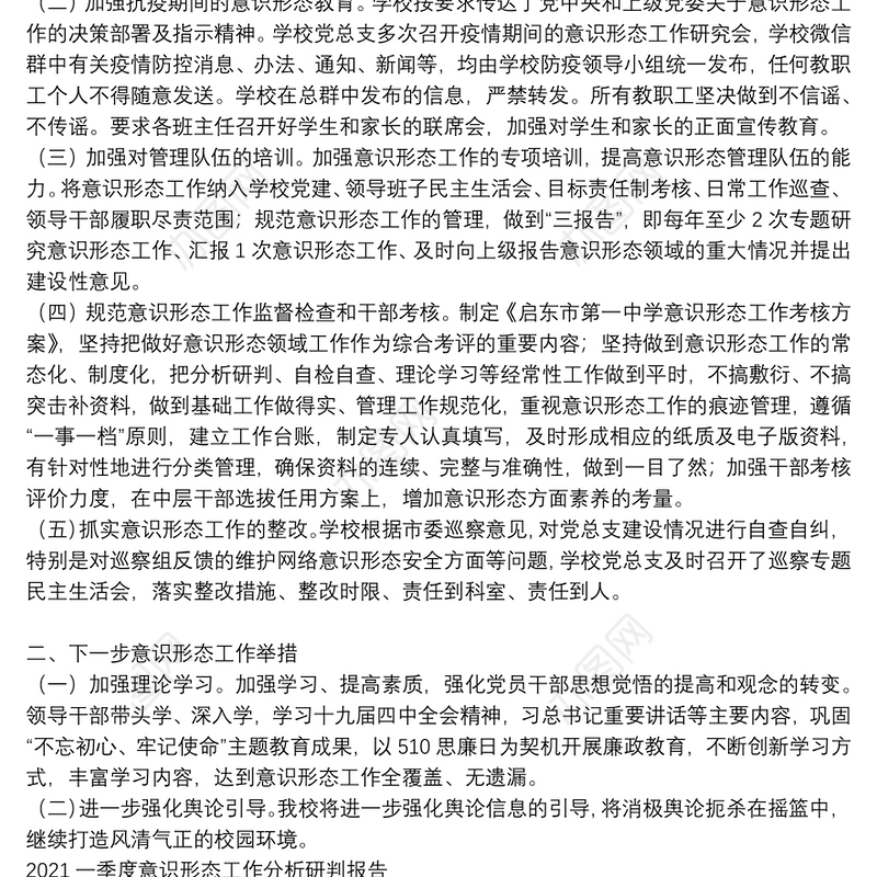 2021一季度意识形态工作分析研判报告