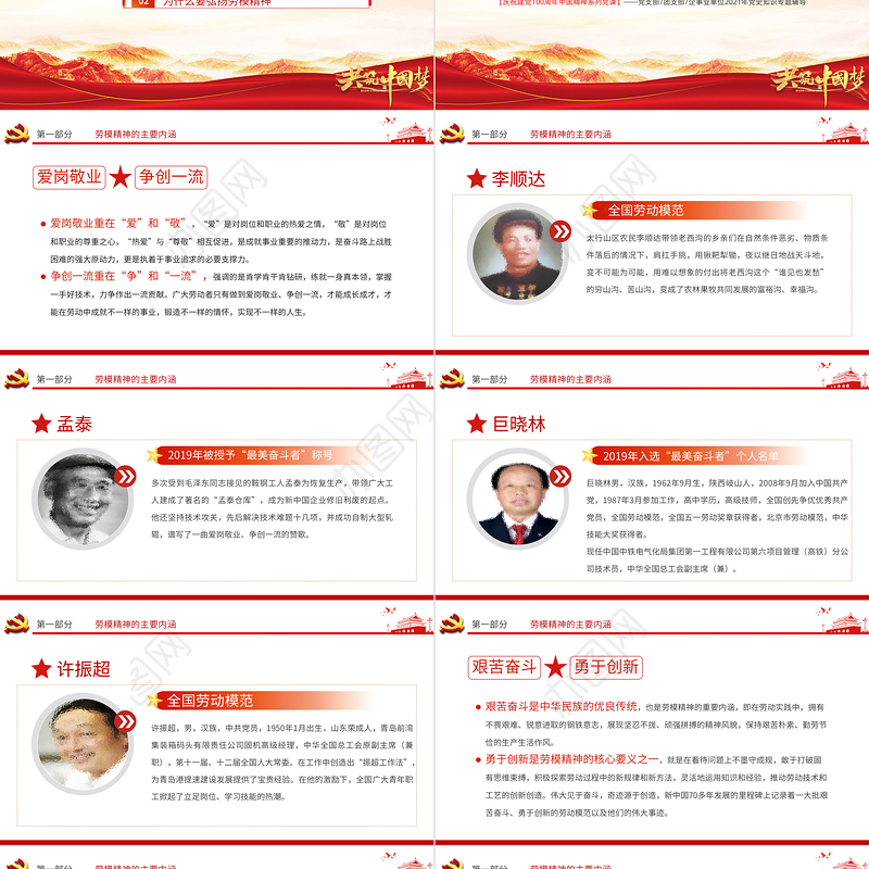 劳模精神PPT建党100周年中国精神谱系爱岗敬业争创一流艰苦奋斗勇于创新淡泊名利甘于奉献专题党课