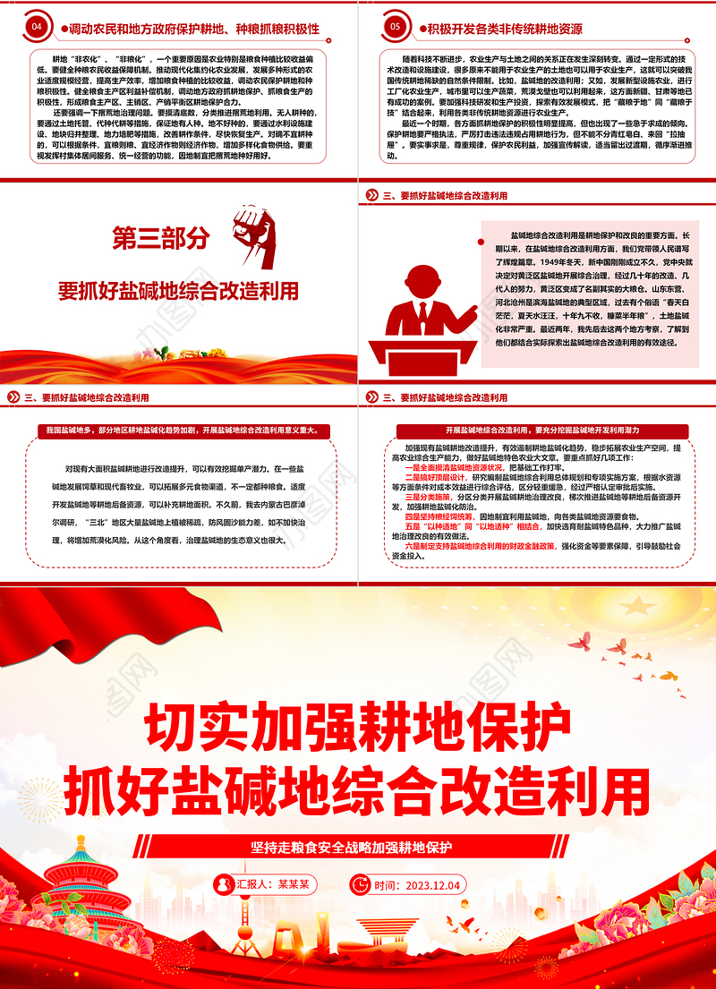 2023切实加强耕地保护抓好盐碱地综合改造利用ppt大气精美坚持走粮食安全战略 加强耕地保护党组织专题党课教育课件