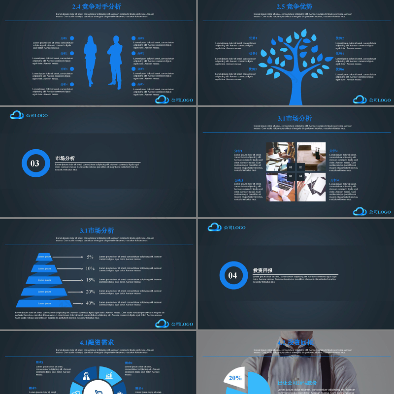 高端简约实用商业计划书蓝色背景PPT模板