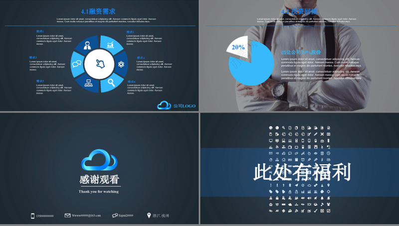 高端简约实用商业计划书蓝色背景PPT模板