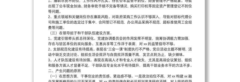示范区巡察反馈整改专题民主生活会个人检查剖析材料