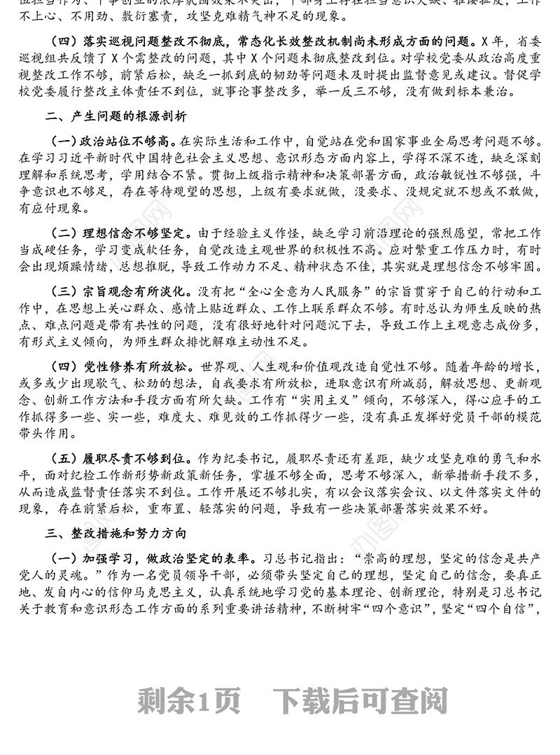 巡视整改专题民主生活会个人发言提纲材料