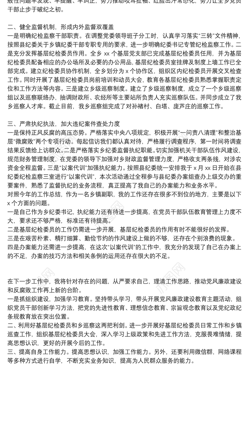 乡镇纪委书记个人工作总结精选范文