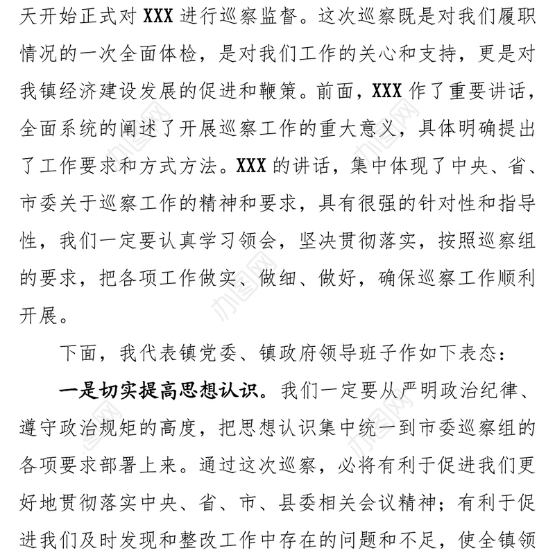 在市委“回头看”第三巡察组对X巡察动员会议上的表态发言