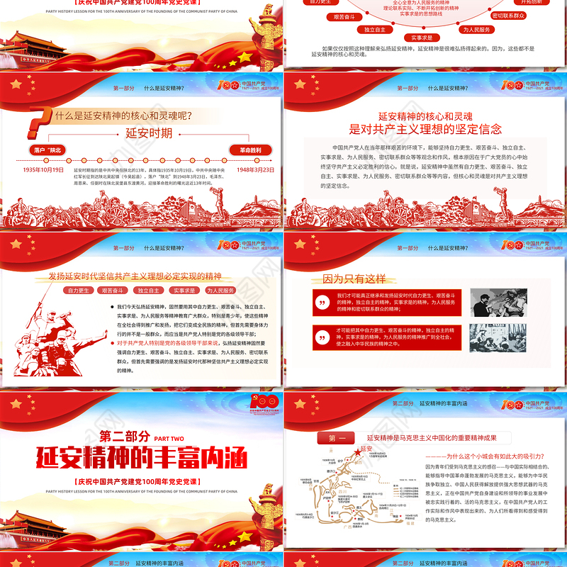 2021延安精神永放光芒PPT庆祝中国共产党成立100周年专题党史党课PPT模板