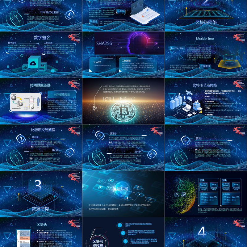 2019蓝色比特币区链展示PPT模板