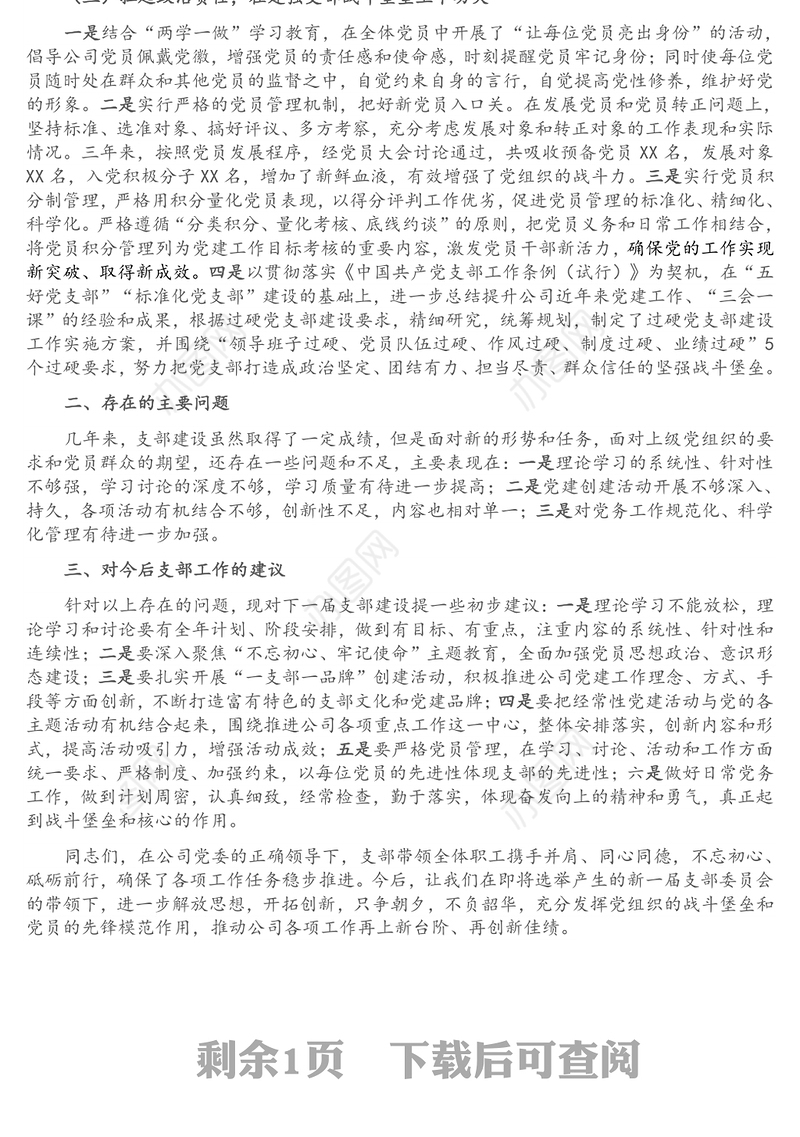 公司党支部委员会工作报告