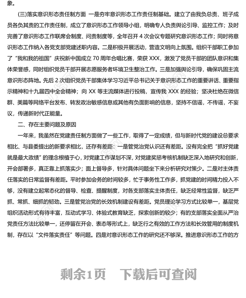 2019年度履行党建责任制述职报告党建工作述职报告