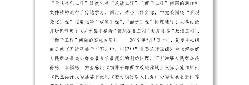 2021某县领导班子关于“景观亮化工程”过度化等“政绩工程”“面子工程”问题专项整治工作自查评估报告