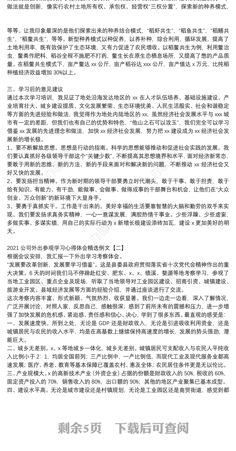 2021公司外出参观学习心得体会精选例文