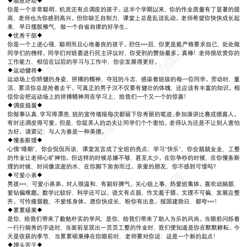 2021期末学生评语选粹范文五篇