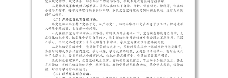 党支部班子组织开展专题教育、严格党员教育管理四个方面检视剖析对照检查材料