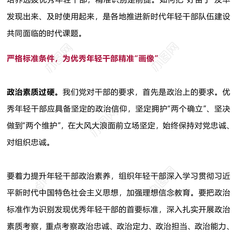 精准识别优秀年轻干部PPT红色精美干部队伍建设党课下载(讲稿)
