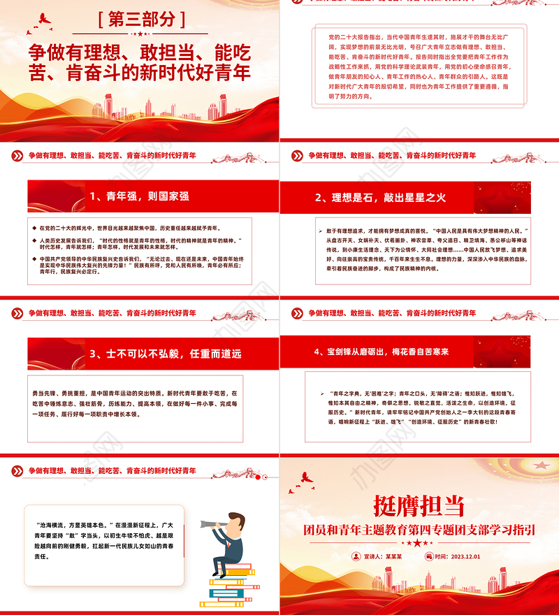 团员和青年主题教育第四专题团支部学习指引PPT精美创意2024挺膺担当团课模板